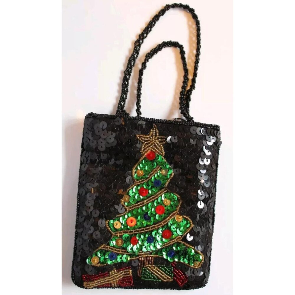 Small Evening Bag Black Sequin Beaded Christmas Tree Mini Purse 5x6” Holiday Par